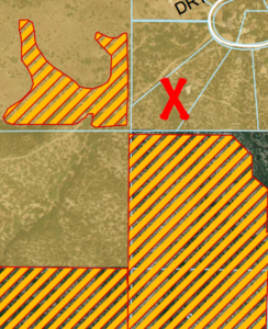 "X" marks our property. Yellow-orange stripes indicate BLM land